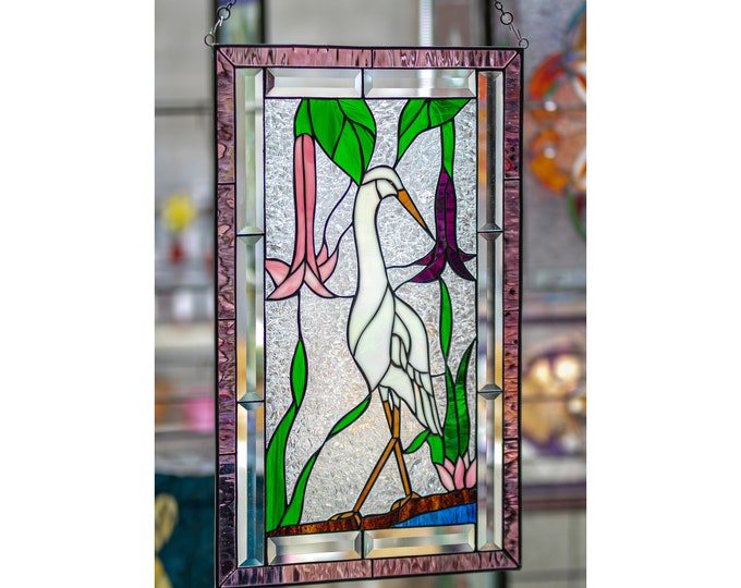 Crane Bird Tiffany Style Stained Glass Hand cut Beveled Custom Pieces Window Panel Heron #2