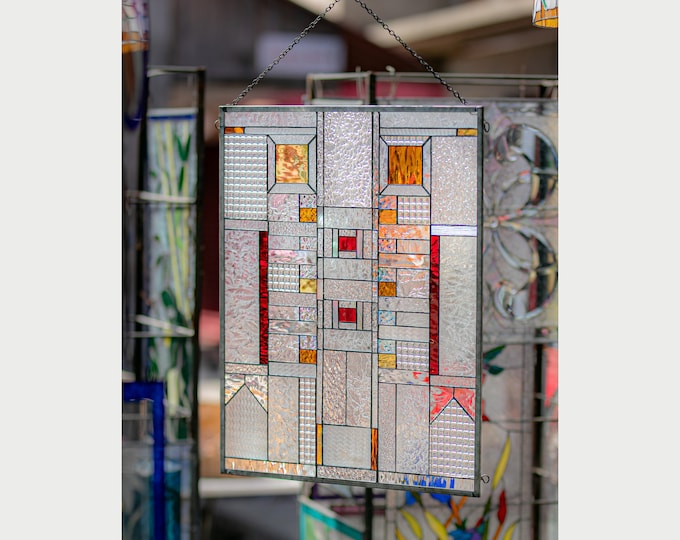 Stained Glass Hanging Window Panel FLW Inspired Tiffany Style #6