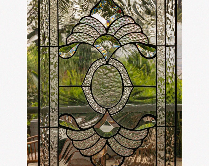 The Emblem - Tiffany Style Stained Glass Window Panel RV Clear Beveled - Horizontal and Vertical Loops, Giftbox, Card and Hanging Chain!