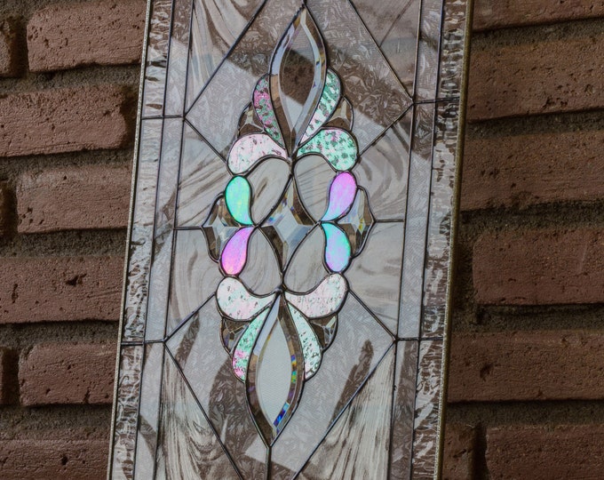 Tiffany Style Stained Glass Window Panel RV Clear Beveled VICTORIAN FLORAL - Horizontal and Vertical Loops with metal frame installed!