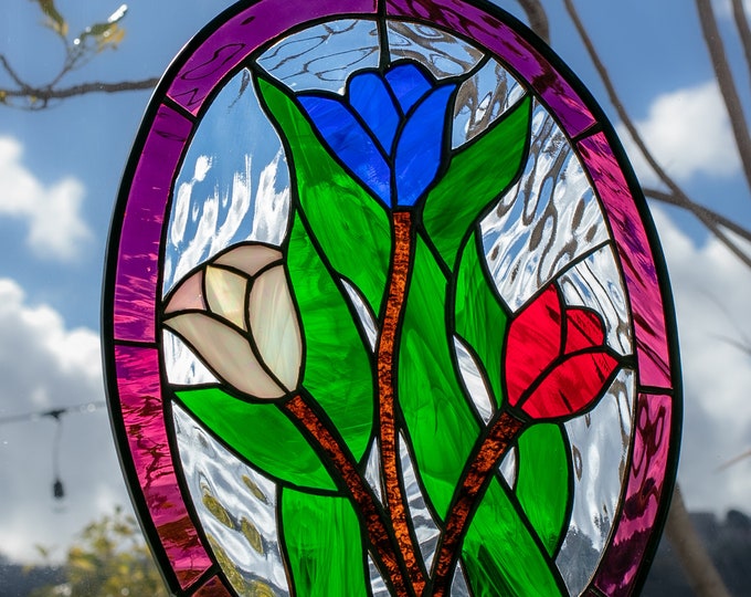The Tulips - Handmade Tiffany Style Stained Glass Window Panel Flowers - Includes gift box w Card & Chain