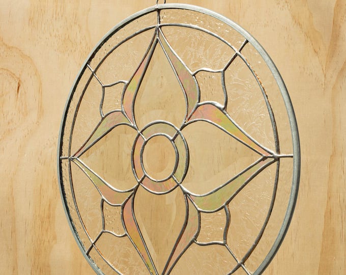 Stained Glass Window Iridiscent Flower Tiffany Stain Panel Beveled Jewel Includes metal frame, hanging chain 13" INCHES