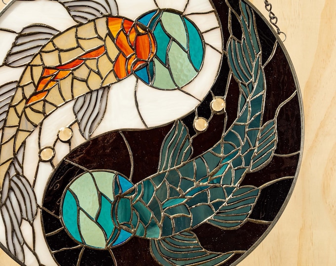 Stained Glass Window Yin Yang Koi Fish Tiffany  Stain Panel -Includes metal frame, hanging chain 15" INCHES