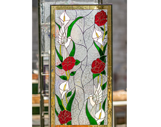 Tiffany Style Stained Glass Window White Doves Red Roses and Lillies Garden 36 by 18 1/4 inches