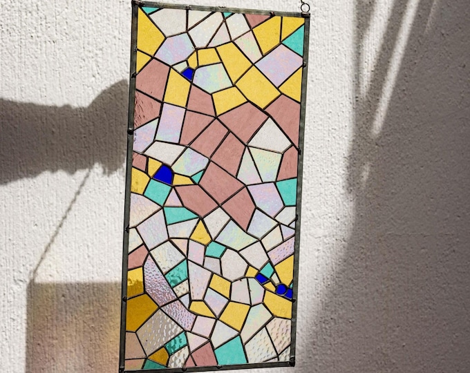 Stained Glass Window Stain Panel Antoni Gaudi Inspired Tiffany  -Includes metal frame, hanging chain 18 by 9 INCHES