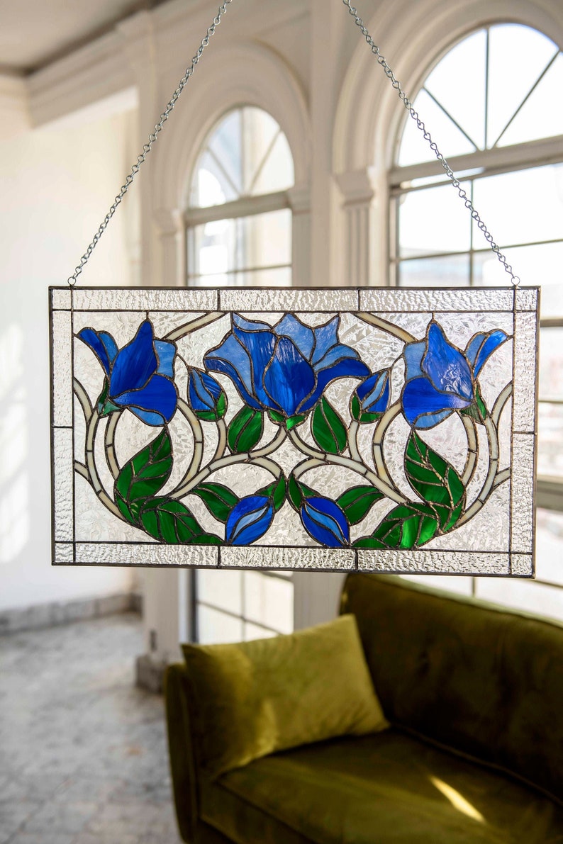 Stained Glass Hanging Window Panel Suncatcher Handmade Tiffany Style - House Warming Gift - The KnightShayes - 21 by 12 inches