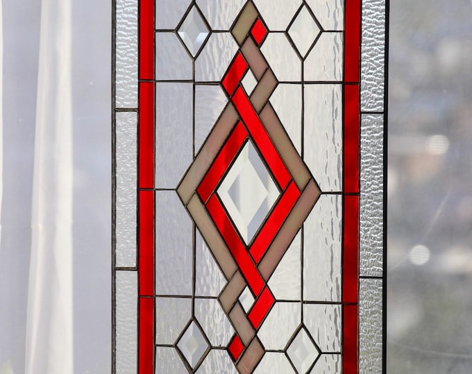 Stained Glass Tiffany Hanging Window Panel Diamond Iridiscent Chained Handmade Beveled Piece - House Warming Gift 21 1/2 by 12 1/8 INCH