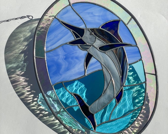 Marlin Oval- Tiffany Style Stained Glass Window Suncatcher Panel Sport Fishing Oval - 9 1/2 by 12 3/4 inches