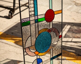 Stained Glass Abstract Panel  Beveled Tiffany Style Window Door Abstract Pieces  - Chained - House Warming Gift