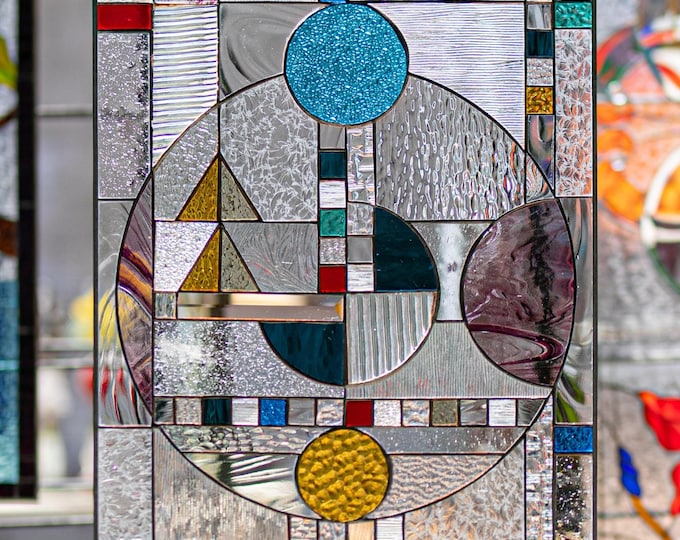 Frank Lloyd Wright Style Geometric Abstract Modern Tiffany Style Stained Glass Hand cut Custom Pieces Window Panel #16