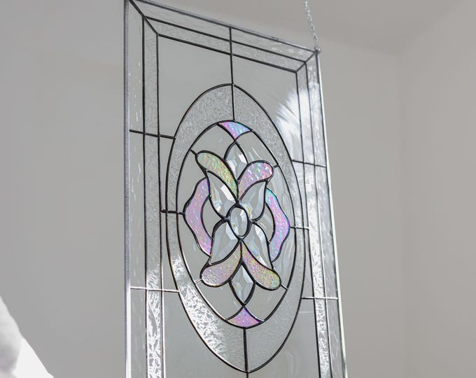 Stained Glass Hanging Window Panel -The Oval Flower - Tiffany Style  RV Clear Beveled Diamond - Horizontl Verticl Loops, Hanging Chain