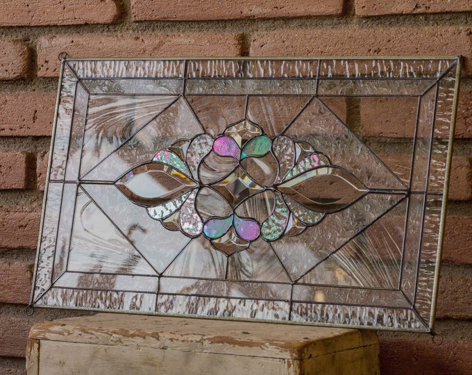 Stained Glass Window Panel VICTORIAN FLORAL Tiffany Style  Hand cut Beveled Custom Pieces - Includes 3ft Chain and Metal Frame