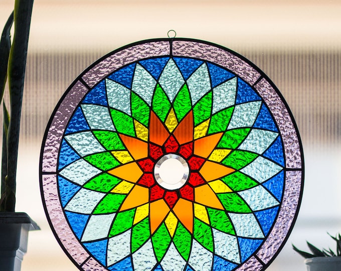 Tiffany Style Stained Glass Round Window Panel Yoga Mandala Spiritual Ritual Chakras