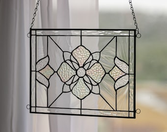 The LUCKY FLOWER-  Stained Glass Tiffany Style Window  - Includes Card w/Envelope & Hanging Chain! 12 by 9 inches