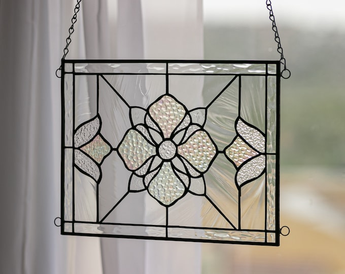 The LUCKY FLOWER-  Stained Glass Tiffany Style Window  - House Warming Gift Includes Card w/Envelope & Hanging Chain! 12 by 9 inches