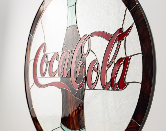 Coca Cola Stained Glass Sign Round 18" INCH Hanging Coke Vintage Design Tiffany Style
