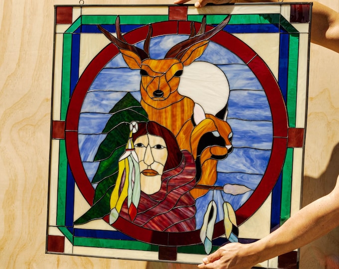 Native American Chief Tiffany Stained Glass Window Stain Panel -Includes Gift box, metal frame, hanging chain 28 by 28 INCHES