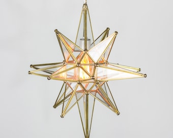Pendant Lamp Star of Bethlehem Moravian Clear Glass & Gold Metal Tin - 16 INCHES TALL