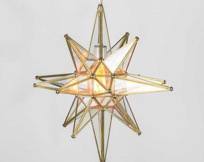 Pendant Lamp Star of Bethlehem Moravian Clear Glass & Gold Metal Tin - 16 INCHES TALL