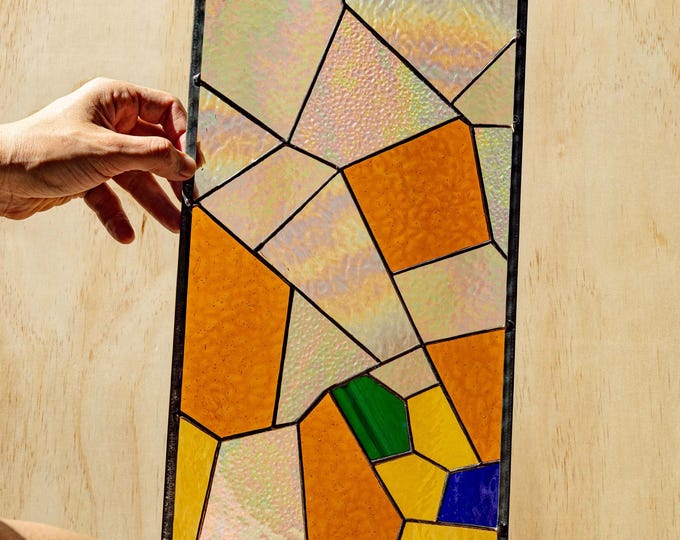Antoni Gaudi #2 Inspired Tiffany Stained Glass Window Stain Panel -Includes Gift box, metal frame, hanging chain 18 by 9 INCHES