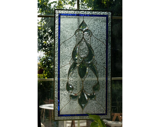 ROYAL SPADE SWIRLS Tiffany Style Stained Glass Window Panel Clear Beveled - metal frame installed! 30 1/4 x 16 1/2