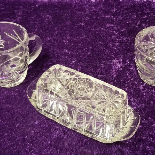 Vintage 1960's Anchor Hocking ESPC Presscut Clear Glass Star of David Creamer, Covered Sugar Bowl, and Coverec Butter Dish Set