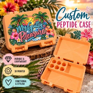 May include: An orange rectangular case with a tropical beach graphic on the lid featuring palm trees, hibiscus flowers, and the text My Guilty Pleasure. The interior has six circular compartments and two rectangular storage sections.