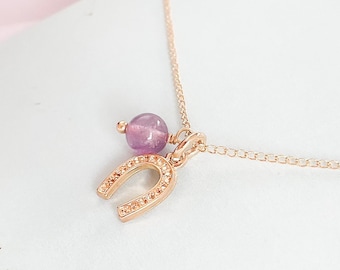 幸運の馬蹄形アメジストネックレス - 24Kゴールドメッキ、クリスタル、かわいい、小さい、上品、小柄、繊細、ラインストーンが埋め込まれたハンドメイド