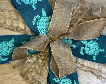 Sea Turtle Wreath Bow | Turquoise Ribbon, Burlap Accent