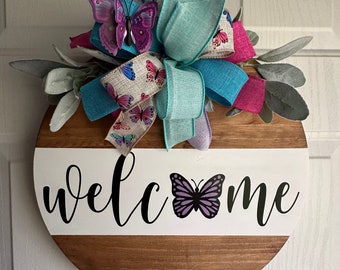 Butterfly Welcome Door Hanger | Spring Wood Sign