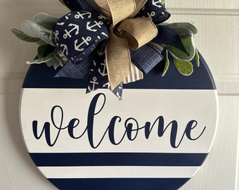 Nautical | Welcome Sign | Door Hanger | Wood Sign | Welcome | Front Door Decor | Anchor | Navy | Blue | Boat |