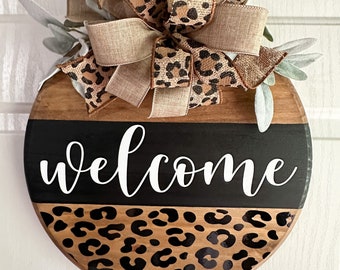 Leopard Print Welcome Sign | Round Wood Door Hanger
