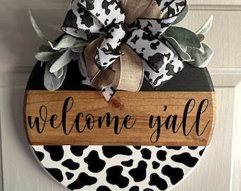 Cow Print Welcome Sign | Farmhouse Front Door Decor, Black