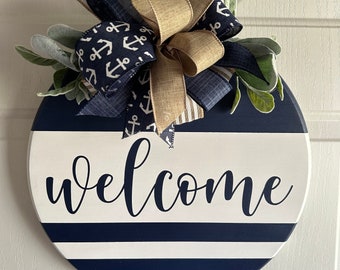 Nautical Anchor Welcome Door Hanger, Navy Blue Coastal Beach House Sign