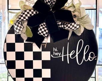 Checkered Hello Wood Sign | Boho Front Door Decor with Bow | Round Wooden Door Hanger