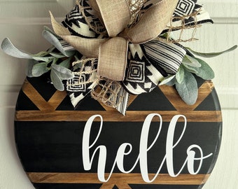 Aztec Hello Wood Sign | Boho Front Door Decor with Bow