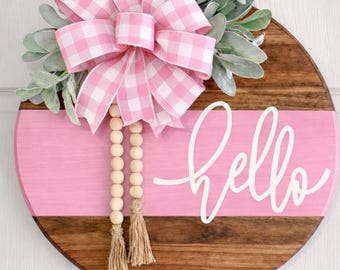 Hello Wood Sign | Bright Plaid Bow, Beaded Tassel Door Hanger, Rainbow