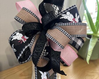 Easter Bunny Wreath Bow | Black Buffalo Check, Pink Farmhouse Decor