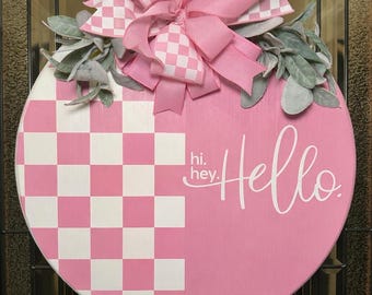 Pink Checkered Hello Door Hanger | Handmade Round Wood Sign with Bow