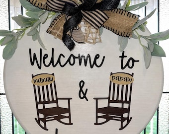Personalized Mamaw Papaw Rocking Chair Door Hanger, Rustic Porch Decor Sign, Grandparents
