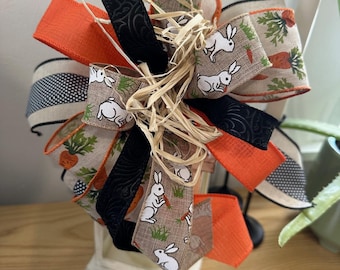 Easter Bunny Wreath Bow | Farmhouse Black Buffalo Check, Orange Accent