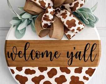 Cow Print Welcome Sign | Farmhouse Front Door Decor, Brown, Neutral