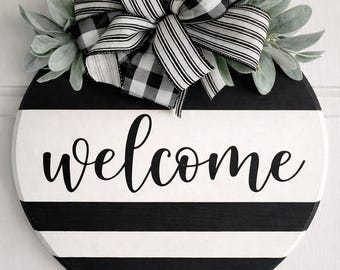 Striped Welcome Sign, Farmhouse Front Door Decor, Buffalo Check Bow, Aztec Neutral Ribbon