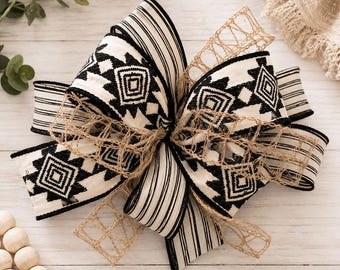 Handmade Aztec  Wreath Bow | Farmhouse Decor | Tribal Ribbon | Neutral | Black | Boho