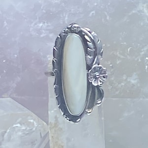 Long Mother of pearl ring Navajo southwest squash blossom sterling silver band women size 5.75