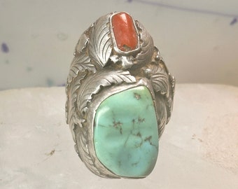 Navajo ring turquoise coral&nbsp; size 12 floral leaves sterling silver women men