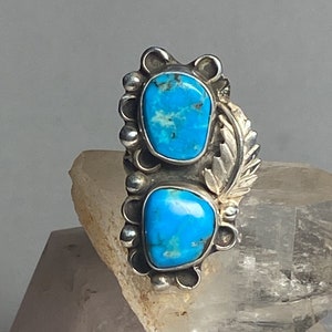 Long Turquoise ring Navajo southwest sterling silver women size 8.25