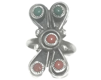 Zuni Ring size 3 Turquoise Coral flower Petite Point Ring Pinky