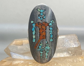 Long Kachina ring size 6.25 turquoise coral chips sterling silver Navajo southwest women girl