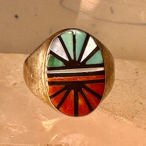 Turquoise ring Zuni koraal ingelegd parelmoer maat 10,7 sterlingzilver dames heren